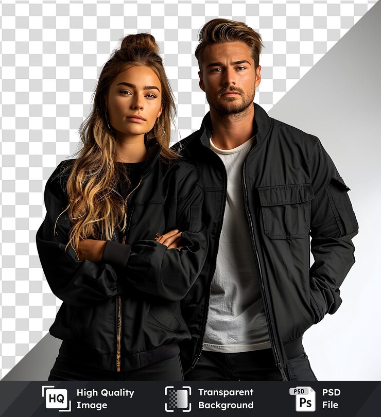 PSD transparent png of stylish black jackets couple model posing with awesome clothing