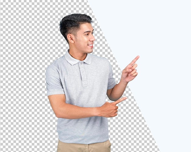 Transparent portrait banner of a young asian with hand gesture isolated on background