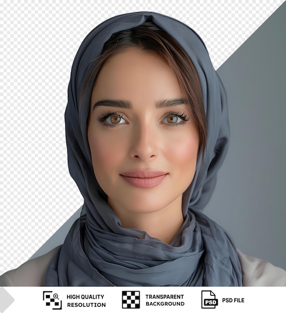PSD transparent portrait of beautyful and confident business woman wearing a gray scarf with striking blue and brown eyes a small nose and a pink lip standing in front of a gray and white png psd