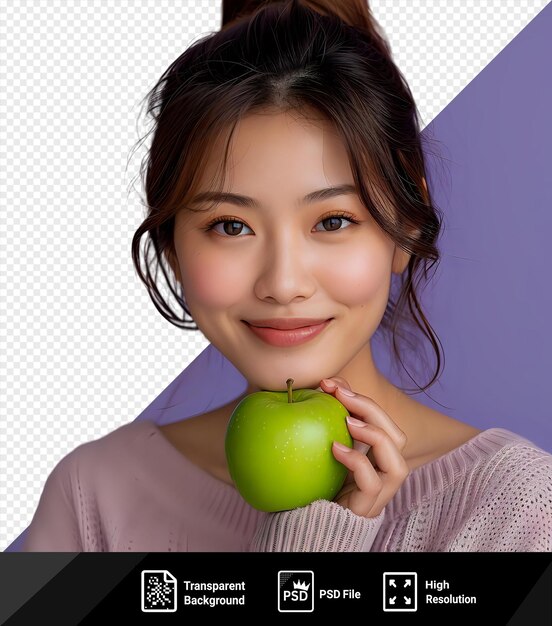 Transparent portrait of a happy young asian chinese korean japanese woman holding or eating green apple x000d png