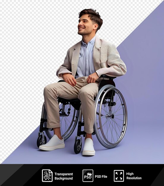 PSD transparent positive attitude in a wheelchair a man in a blue shirt and tan khaki pants sits in front of a purple wall with his hand resting on the armrest png