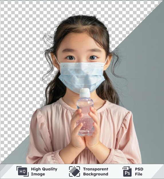 PSD transparent premium psd picture asia cute kid wearing hygienic mask prevent corona virus and wash her hands with alcohol gel in white isolated background