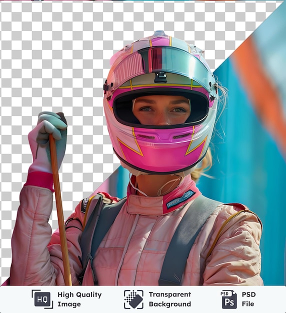 Transparent premium psd picture attractive racing woman waving a race flag and looking at the camera isolate