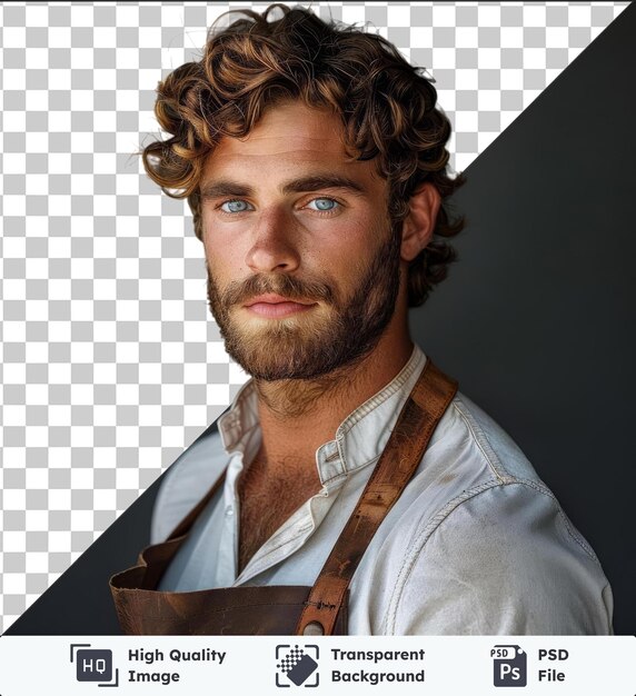 Transparent premium psd picture barber man in an apron looking to the side