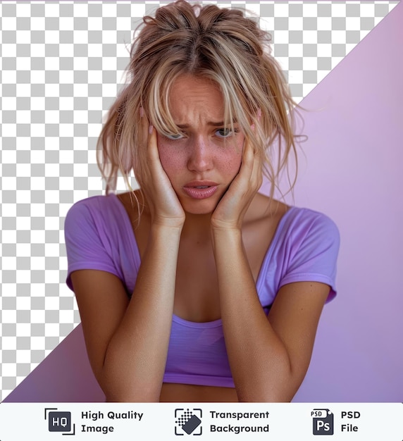透明なプレミアムpsd画像 白人の女性が紫のtシャツを着て 顔を手で覆い 悲しいコンセプトを壊し 泣いています