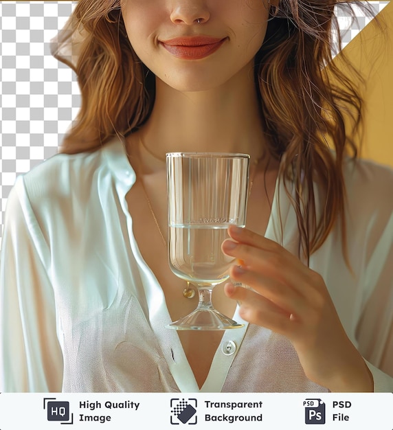 Immagine in close-up di una donna caucasica che indossa una camicia bianca con un bicchiere d'acqua potabile in mano stile di vita sano concetto di trattamento sanitario