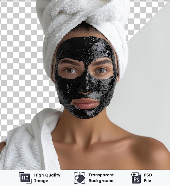 PSD foto psd trasparente premium up vicino ritratto emotivo bella donna con viso maschera nera ragazza con un asciugamano bianco sulla testa sguardo serio