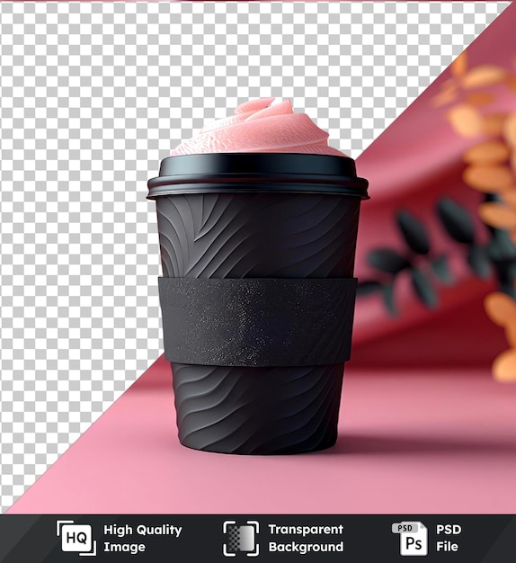 Transparent premium psd picture of collapsible reusable plastic cup on pink table with black shadow