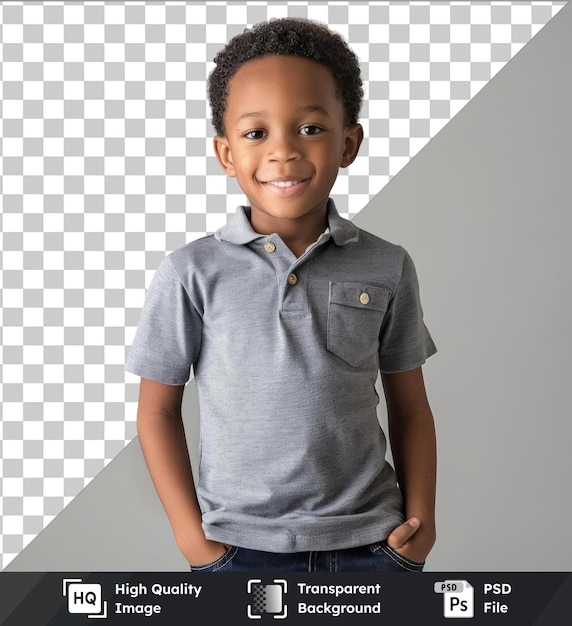 PSD 透明なプレミアムpsd画像 可愛い立っている青年の少年 灰色のポロシャツ 手をポケットに
