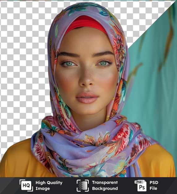 PSD transparent premium psd picture fashi woman wearing a colorful scarf with a pink flower showcasing her striking blue and brown eyes small nose and brown eyebrow