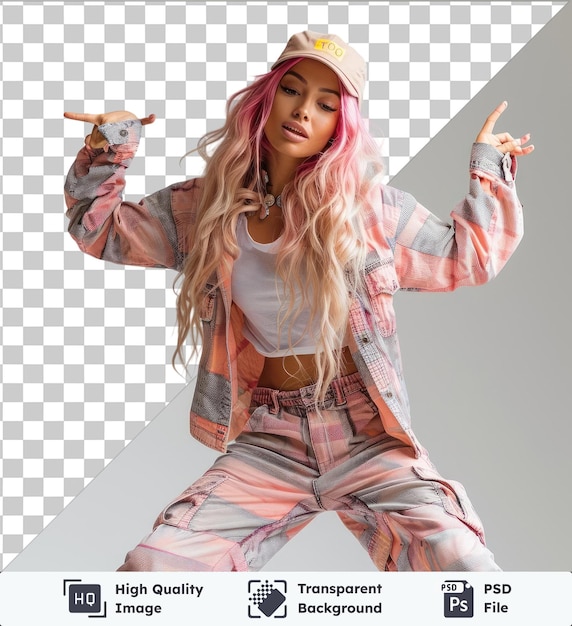 PSD immagine psd premium trasparente corpo pieno giovane donna sui 20 anni con capelli rosa colorati brillanti in camicetta rosa cappello facendo dab danza hip hop mani muoversi gesto gente stile di vita fa