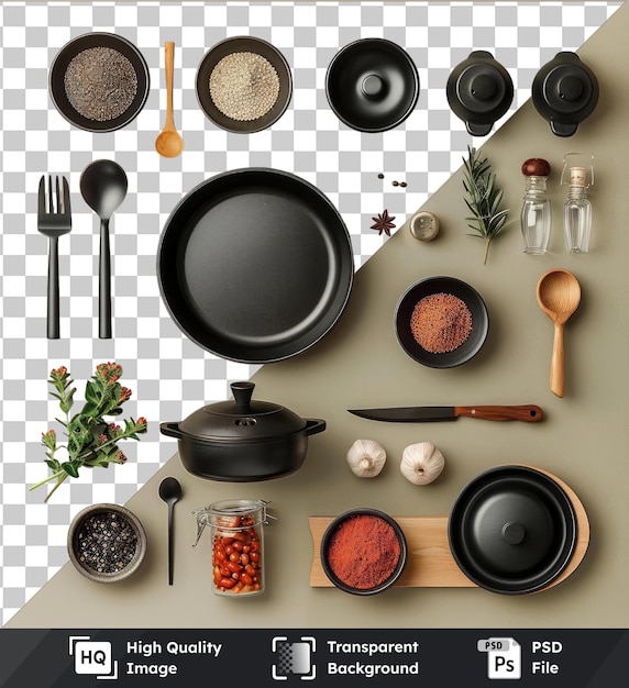 PSD transparent premium psd picture gourmet caribbean cooking set featuring a black pot wood spoon silver fork and black and brown bowl displayed on a white wall