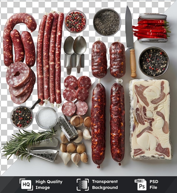 PSD Прозрачный премиум-образ gourmet колбаса набор, отображаемый на прозрачном фоне, сопровождаемый серебряным ножом и различными мисками, включая черную миску, серебряную и металлическую миску и