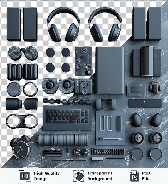 PSD transparent premium psd picture home cinema setup set featuring black headphones a gray and black keyboard and a black and gray mouse