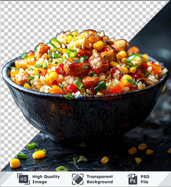 Transparent premium psd picture jambalaya served in a black bowl on a black table garnished with yellow corn