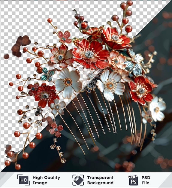 PSD trasparente premium psd immagine kanzashi gioielli ornamentali per capelli giapponesi con una varietà di fiori colorati tra cui fiori rossi bianchi e arancione e un piccolo fiore bianco