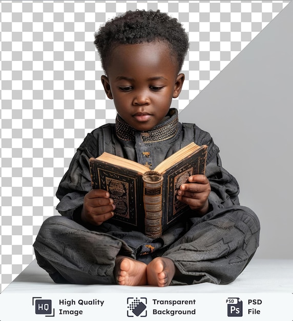 PSD transparent premium psd picture little african american boy reading magic book on white backgrouving with black hair small nose and open mouth while holding hands and looking at the camera