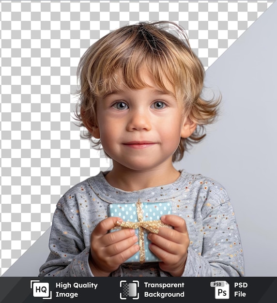 Transparent premium psd picture the little boy with a gift in a hands isolated on isolated background