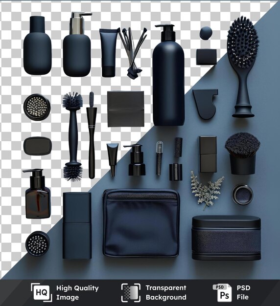 PSD transparent premium psd picture luxury men39s grooming kit set displayed on a blue wall featuring a black bottle black wallet and black brush