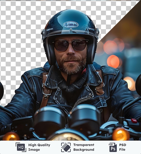 PSD transparent premium psd picture a man wearing a helmet and driving a motorcycle with a brown beard and large nose is seen wearing a black and blue jacket and a leather and black jacket with