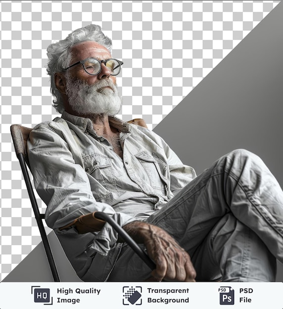 Transparent premium psd picture mature man resting seated in a foldable chair