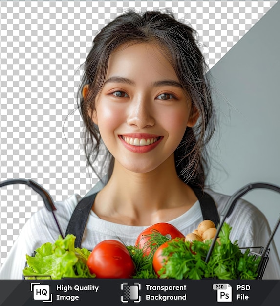 PSD 透明なプレミアムpsd画像 肖像画 美しい若いアジア人女性 スーパーから食料品のバスケットと笑顔