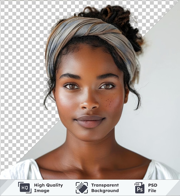 PSD 透明なプレミアムpsd画像 ポートレート 美しい 優しい 若い アフリカ系アメリカ人女性 白いメイクアップで カメラを見ています 隔離された背景に隔離されています