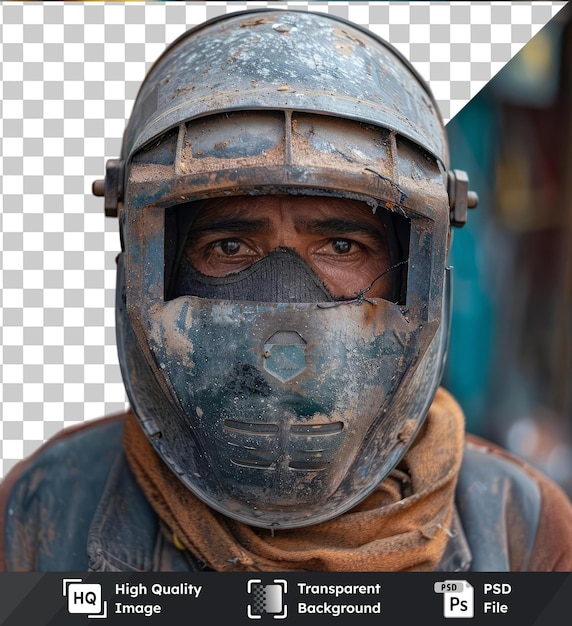Transparent premium psd picture repair man wearing professional welding mask over head covering face for protection with brown eyes and a black face