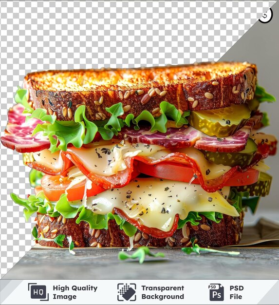 Transparent premium psd picture reuben sandwich with cheese tomatoes and lettuce on a wooden table against a gray wall