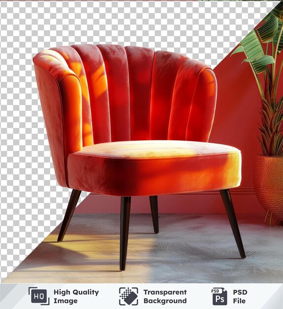 Transparent premium psd picture slipper chair with metal and black legs sits on a white floor against a red wall accompanied by an orange pot