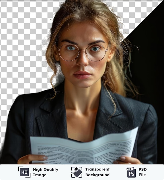 Transparent premium psd picture successful confident business woman in glasses and suit holds documents in her hands looks very unhappy