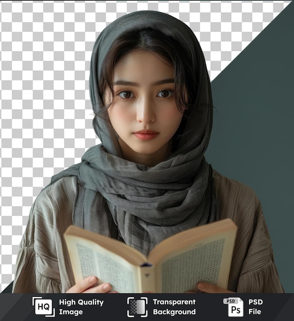 Transparent premium psd picture young attractive asian woman who reads a book