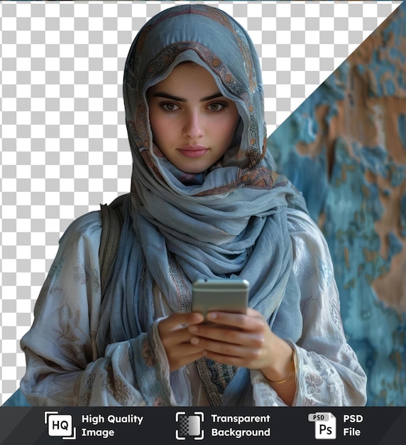 PSD immagine psd premium trasparente giovane donna bellissima che tiene in mano il cellulare leggendo le notizie sul telefono