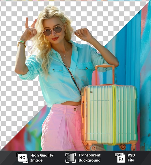 Прозрачная премия psd изображение молодая блондинка в отпуске с туристическим чемоданом и делает ок знак перед красочной стеной в синей рубашке розовые брюки и коричневые солнцезащитные очки с светлыми волосами и