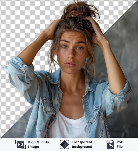 PSD transparent premium psd picture young overthinking sick depressed stressed sad tired woman 20s wear casual stylish denim shirt white t shirt pinching nose bridge have a headache stylish