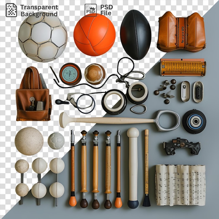 PSD transparent professional sports coaching tools set displayed on a blue and transparent background including a white ball orange ball and brown leather wallet