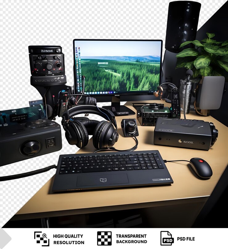PSD transparent professional video game streaming setup set up on a wooden desk with black headphones a black keyboard and a black mouse a green plant adds a touch of nature to the scene while
