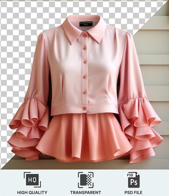 Прозрачное псд розовое платье и рубашка висят на белой стене с белой кнопкой, видимой на переднем плане