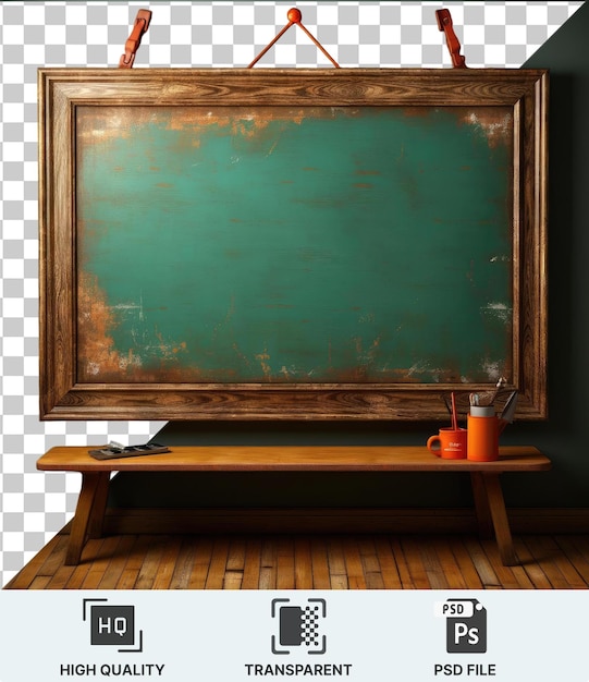 PSD Прозрачный psd деревянный стол с картиной на нем в сопровождении черного пульта дистанционного управления на фоне синей стены с коричневой и деревянной ножкой, видимой на переднем плане