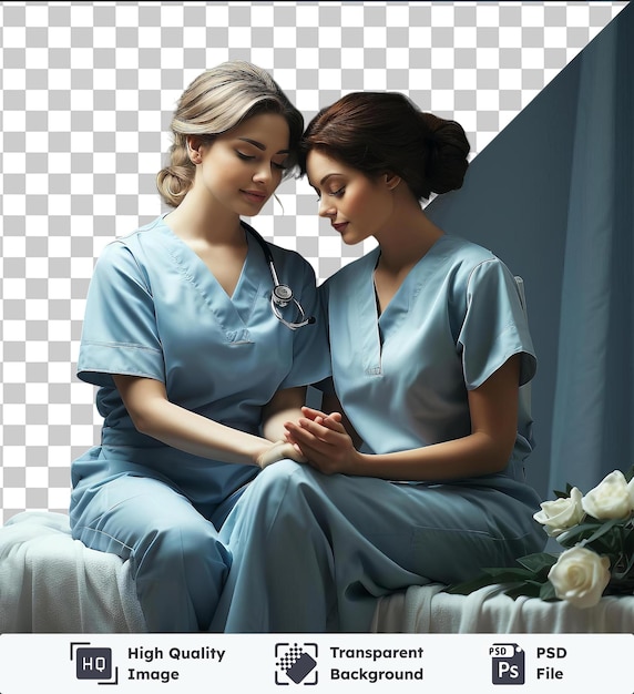 Transparent psd picture 3d nurse caring for a patient with blond and brown hair wearing a light blue and blue shirt and blue pants while holding a white flower in her hand