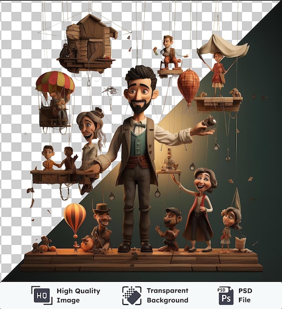 Transparent psd picture 3d puppeteer performing with marionettes