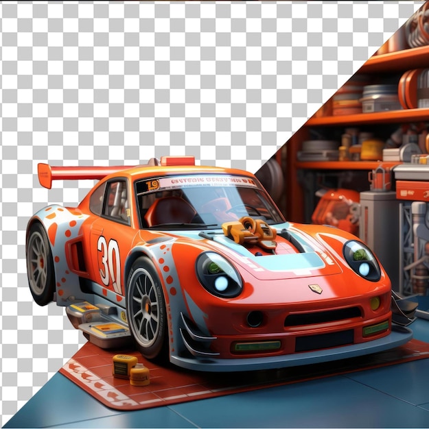 PSD immagine psd trasparente meccanico di auto da corsa 3d cartone animato messa a punto di un veicolo ad alte prestazioni