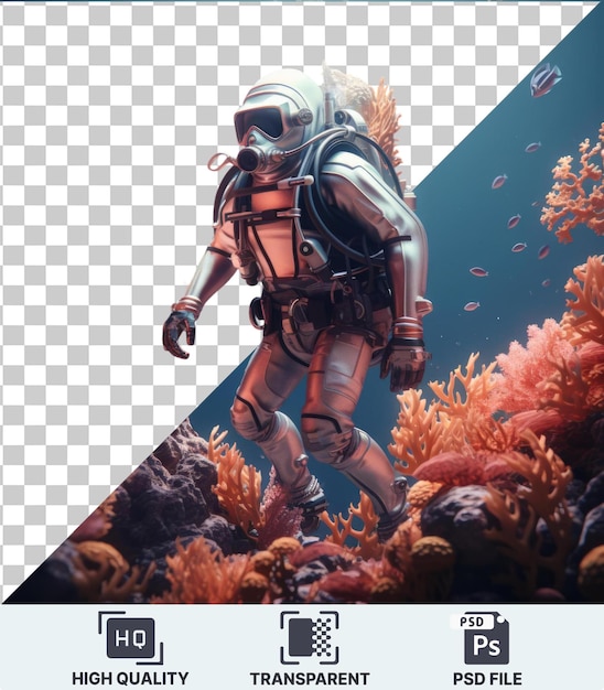 투명한 Psd 그림 3d 스쿠버 다이버 만화가 다채로운 수중 파라다이스를 탐구합니다.
