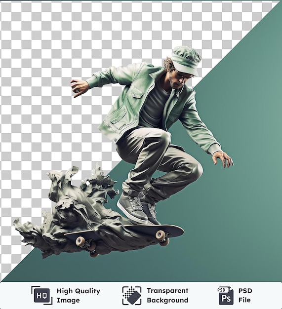 PSD transparent psd picture 3d skateboarder executing a trick