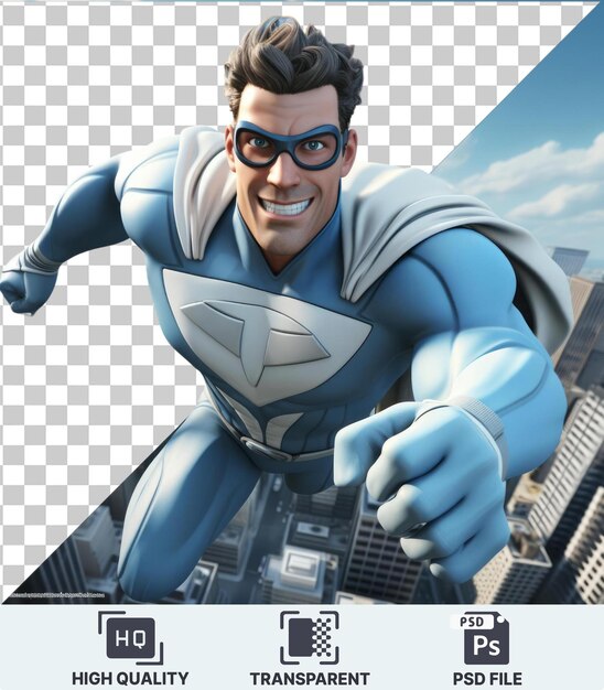 Transparent psd picture 3d superhero cartoon flying through the city to save the day