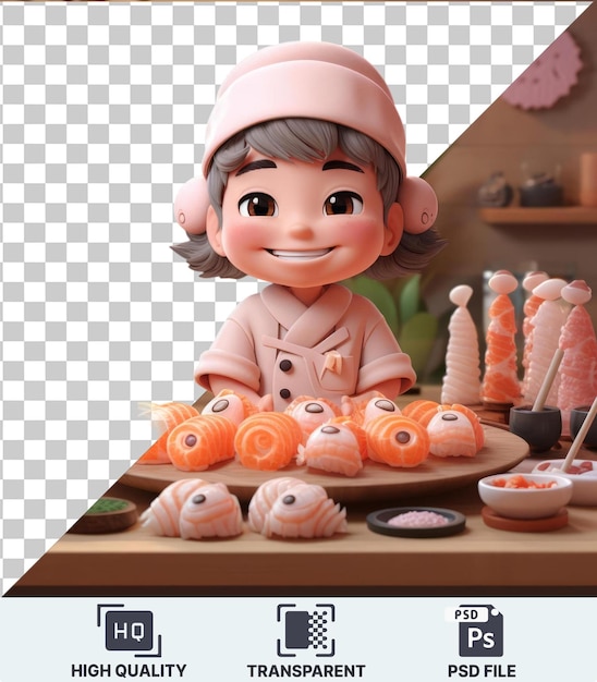 Transparent psd picture 3d sushi chef cartoon preparing a sushi platter