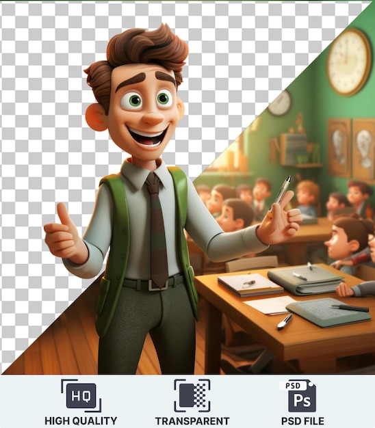 透明なpsd画像 3d教師のアニメが教室で若い心を教育しています