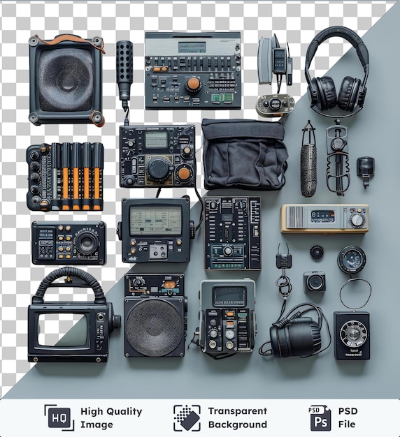 Set di apparecchi radioamatoriali psd trasparenti visualizzati su uno sfondo trasparente con cuffie nere una fotocamera argentea e una borsa nera