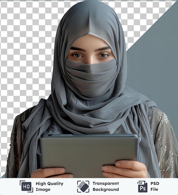 Transparent psd picture arab woman in a veil with a folder tablet