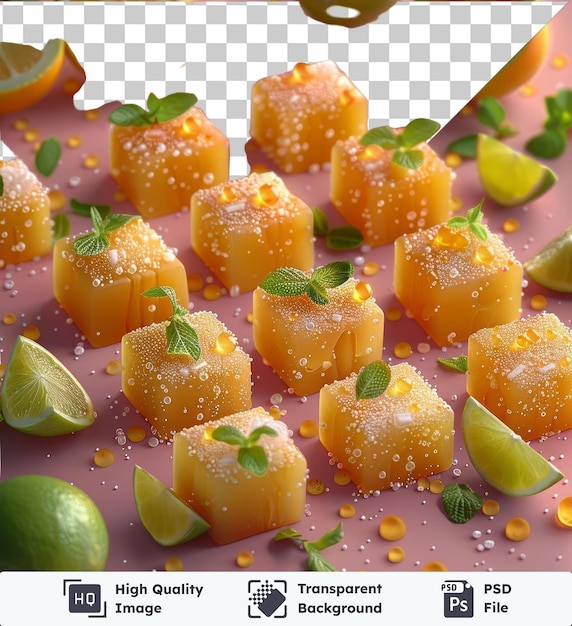 Transparent psd picture barfi with oranges and lemons on a pink background